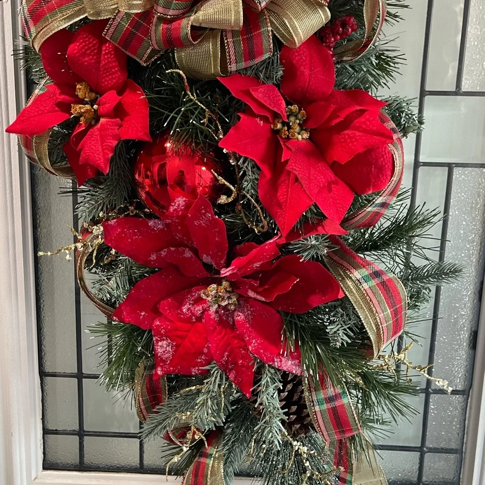 **Red Poinsettia Christmas Teardrop Swag Wreath Front door